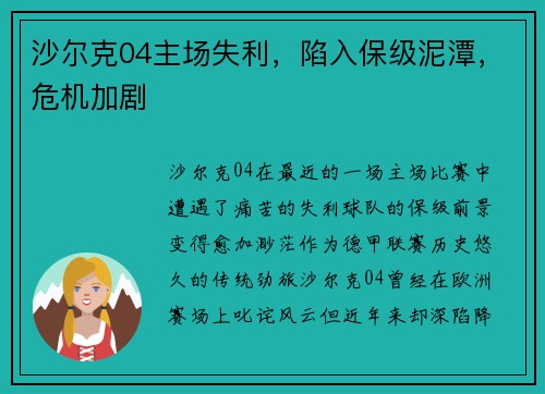沙尔克04主场失利，陷入保级泥潭，危机加剧